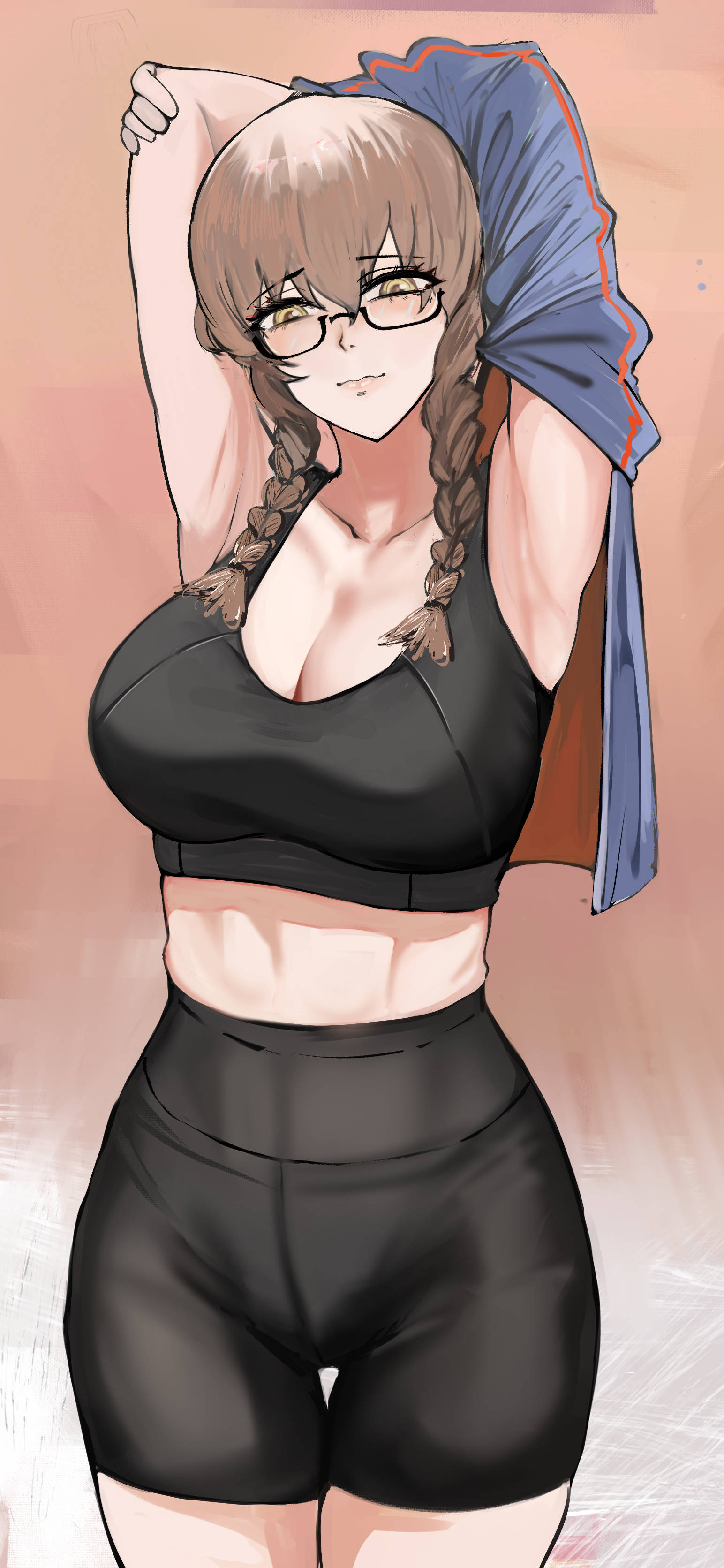 1girl absurdres amane_suzuha armpits arms_behind_head bike_shorts black-framed_eyewear black_shorts black_sports_bra blue_jacket braid breasts brown_hair cleavage closed_mouth collarbone commentary commission eyelashes glasses hair_between_eyes half-closed_eyes highres jacket jacket_removed large_breasts light_smile looking_at_viewer midriff nero_watch shorts simple_background solo sports_bra steins;gate thigh_gap track_jacket twin_braids yellow_eyes