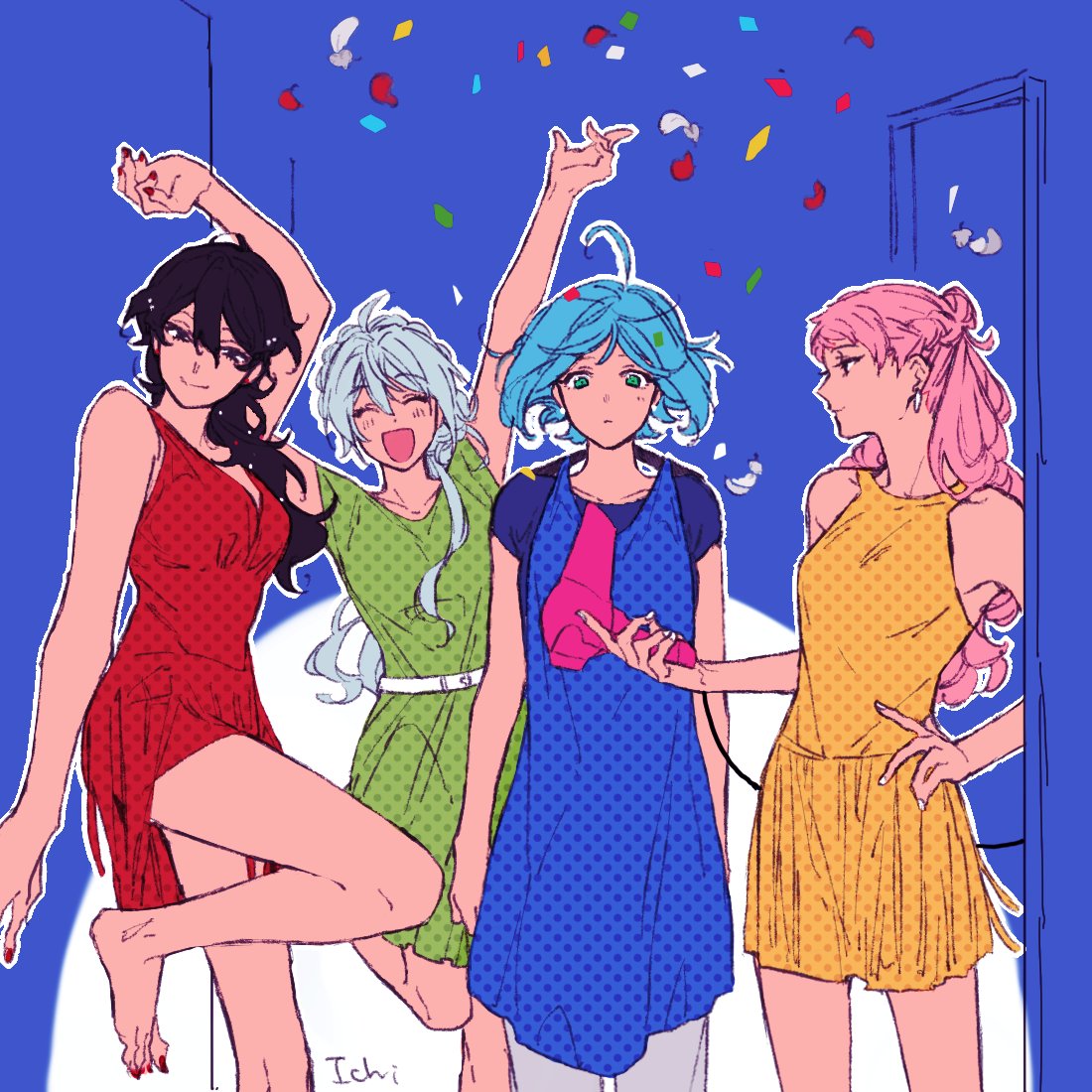 4girls ahoge barefoot black_eyes black_hair blue_background blue_dress blue_hair closed_eyes closed_mouth dress ensemble_stars! genderswap genderswap_(mtf) green_dress hibiki_wataru ichigaya_(_ichigaya_) itsuki_shu light_blue_hair long_hair multicolored_background multiple_girls open_mouth pink_hair polka_dot polka_dot_dress red_dress sakuma_rei_(ensemble_stars!) shino_hajime short_hair white_background yellow_dress