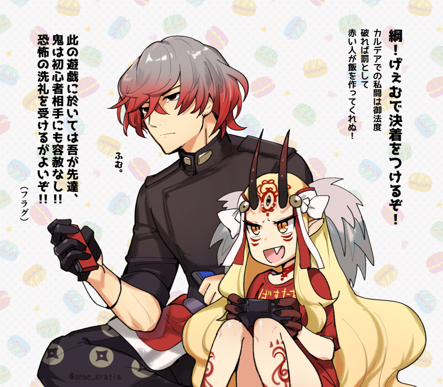 1boy 1girl black_eyes blonde_hair commentary_request contemporary controller fate/grand_order fate_(series) grey_hair holding holding_controller horns ibaraki_douji_(fate) joy-con long_hair multicolored_hair oni oni_horns playstation_controller red_hair short_hair sitting translation_request watanabe_no_tsuna_(fate) yellow_eyes yomusugara_(uzo-muzo)