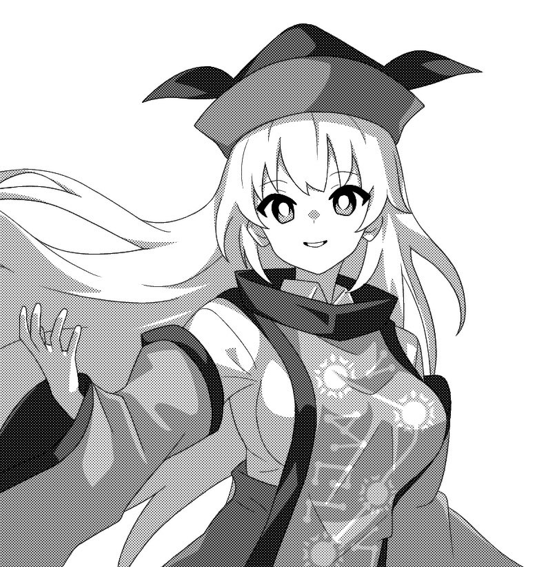 1girl breasts constellation_print greyscale hat large_breasts long_hair looking_at_viewer matara_okina monochrome onkn_sxkn open_mouth simple_background smile solo tabard touhou upper_body white_background wide_sleeves