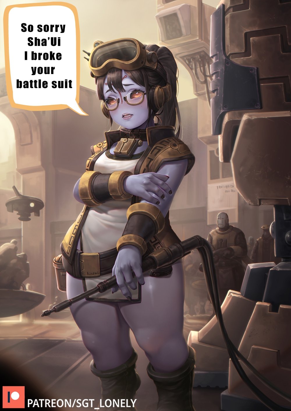 1girl alien black_hair black_nails blue_skin blush breasts colored_sclera colored_skin drone ear_protection english_commentary english_text fewer_digits glasses goggles goggles_on_head hair_between_eyes hangar highres holding holding_own_arm lock long_hair looking_at_viewer mechanic multiple_others no_nose padlock padlocked_collar paid_reward_available ponytail semi-rimless_eyewear sgt_lonely short_eyebrows shortstack small_breasts solid_eye solo_focus speech_bubble standing t'au tabard thick_thighs thighs tools under-rim_eyewear vambraces vest warhammer_40k white_tabard yellow_sclera