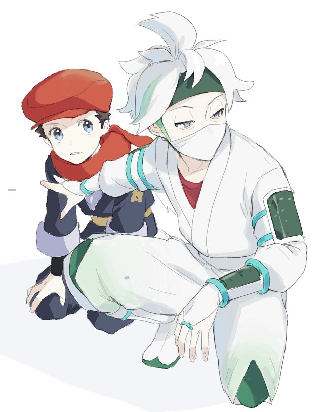 2boys beni_(pokemon) black_shirt green_headband grey_eyes grey_jacket grey_pants half-closed_eyes hat headband jacket kienai_11 logo looking_to_the_side male_focus mask mouth_mask multiple_boys outstretched_arm pants parted_lips pokemon pokemon_(game) pokemon_legends:_arceus red_headwear red_scarf red_shirt rei_(pokemon) scarf shirt short_hair simple_background squatting white_background white_hair white_jacket white_pants