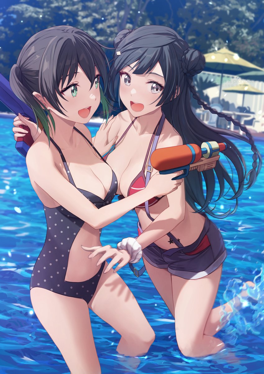 2girls :d beach_umbrella bikini bikini_shorts black_hair breasts cleavage collarbone commentary_request day double_bun green_eyes grey_eyes hair_bun highres holding holding_water_gun large_breasts looking_at_another looking_at_viewer love_live! love_live!_nijigasaki_high_school_idol_club medium_breasts multicolored_hair multiple_girls one-piece_swimsuit open_mouth outdoors playing polka_dot polka_dot_swimsuit pool scrunchie shamakho shorts smile strap_gap streaked_hair suspender_shorts suspenders swimsuit table takasaki_yuu thighs twintails umbrella wading water water_gun wrist_scrunchie yuuki_setsuna_(love_live!)