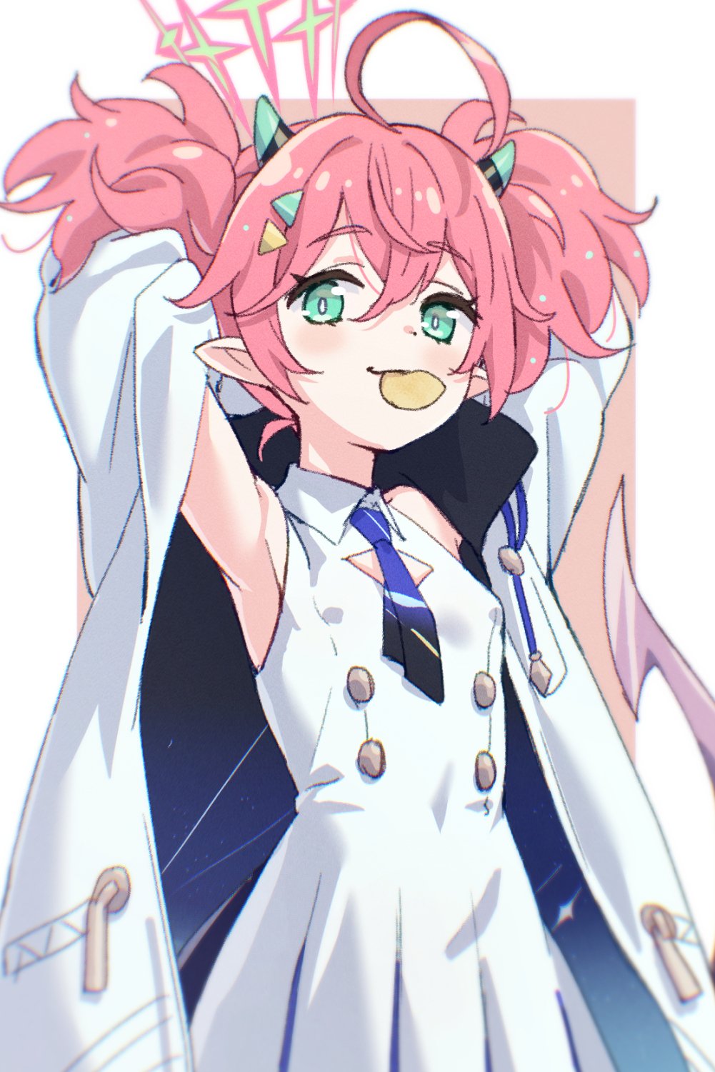 1girl ahoge armpits blue_archive blue_necktie coat dress flat_chest green_eyes green_halo hair_between_eyes halo highres horns karahai_(31448823) long_hair long_sleeves momoka_(blue_archive) mouth_hold necktie open_clothes open_coat pink_hair pointy_ears solo twintails white_coat white_dress