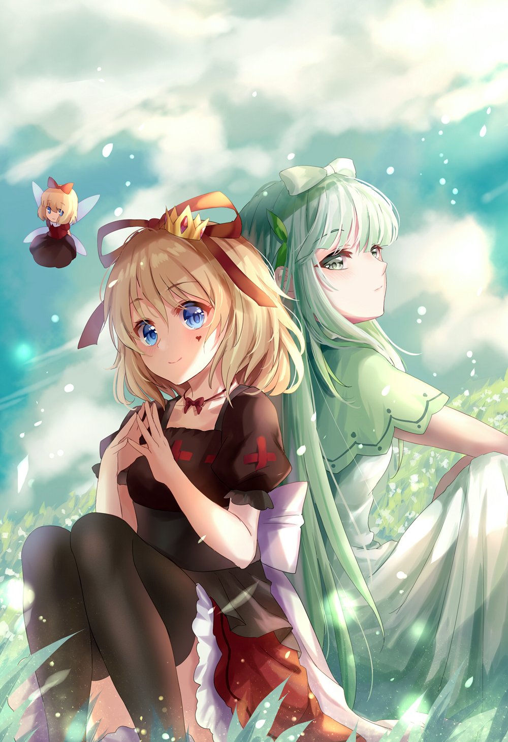 3girls akinomiya_asuka alternate_costume black_thighhighs blonde_hair blue_eyes bow breasts crown dress fairy_wings flower frilled_shirt frilled_shirt_collar frilled_sleeves frills grey_eyes hair_ribbon highres lily_of_the_valley little_doll_queen long_hair looking_at_viewer medicine_melancholy mini_crown multiple_girls puffy_short_sleeves puffy_sleeves red_bow red_ribbon ribbon shirt short_hair short_sleeves skirt small_breasts smile su-san thighhighs thighs touhou valloside_majali wavy_hair white_dress white_hair wings