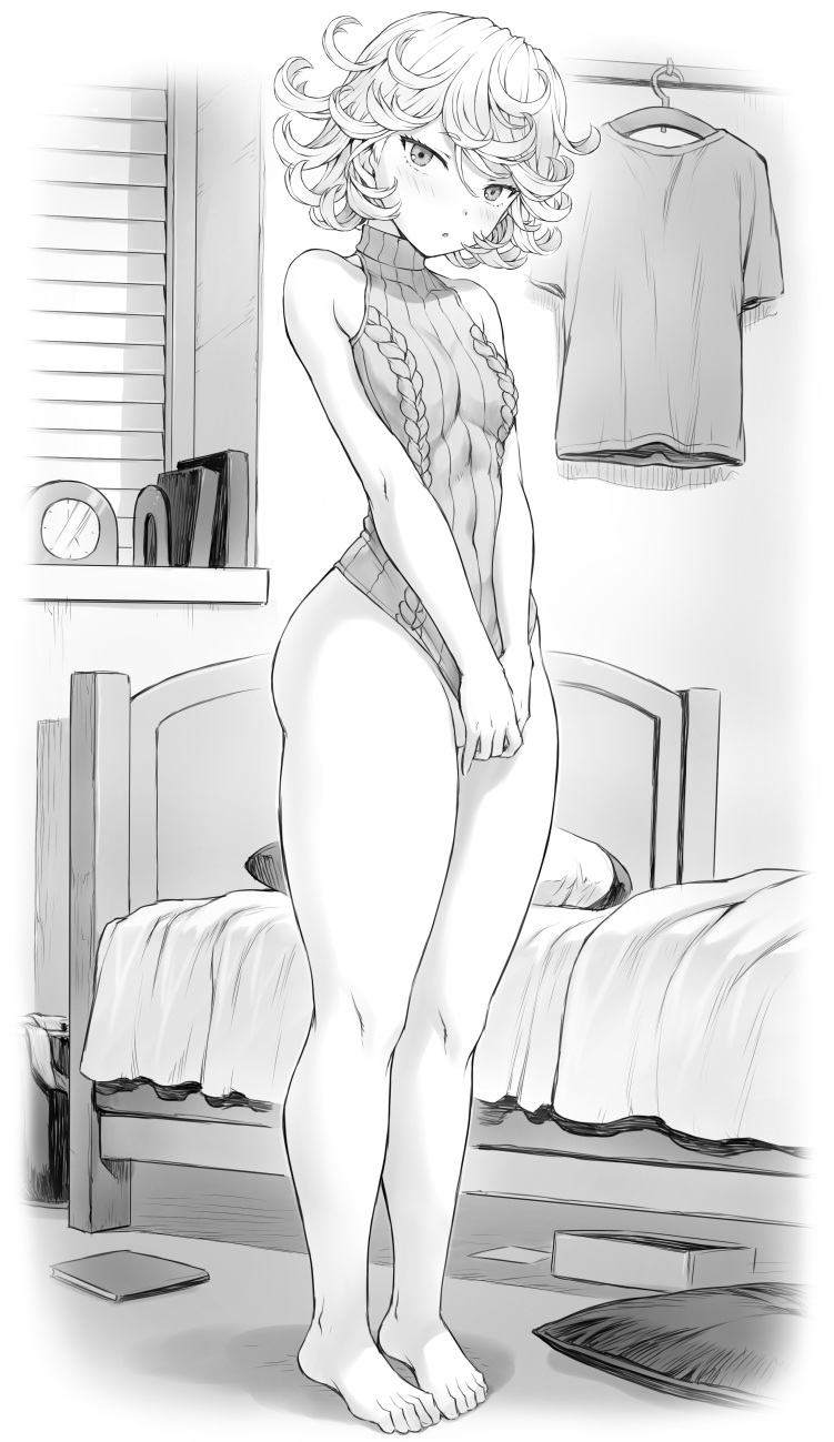 1girl bare_arms bed bedroom blush book bottomless breasts clock curly_hair full_body greyscale highres indoors looking_at_viewer meme_attire mogudan monochrome no_panties one-punch_man short_hair small_breasts solo standing tatsumaki virgin_killer_sweater window