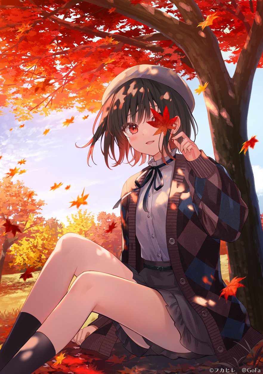 1girl ankle_socks artist_name autumn autumn_leaves black_ribbon black_socks blush brown_hair cardigan commentary_request dappled_sunlight day falling_leaves fukahire_(ruinon) highres holding holding_leaf leaf long_sleeves looking_at_viewer maple_leaf maple_tree neck_ribbon one_eye_covered open_cardigan open_clothes original outdoors parted_lips plaid_cardigan puffy_long_sleeves puffy_sleeves red_eyes ribbon shirt shirt_tucked_in sitting socks solo sunlight thighs tree under_tree white_headwear white_shirt