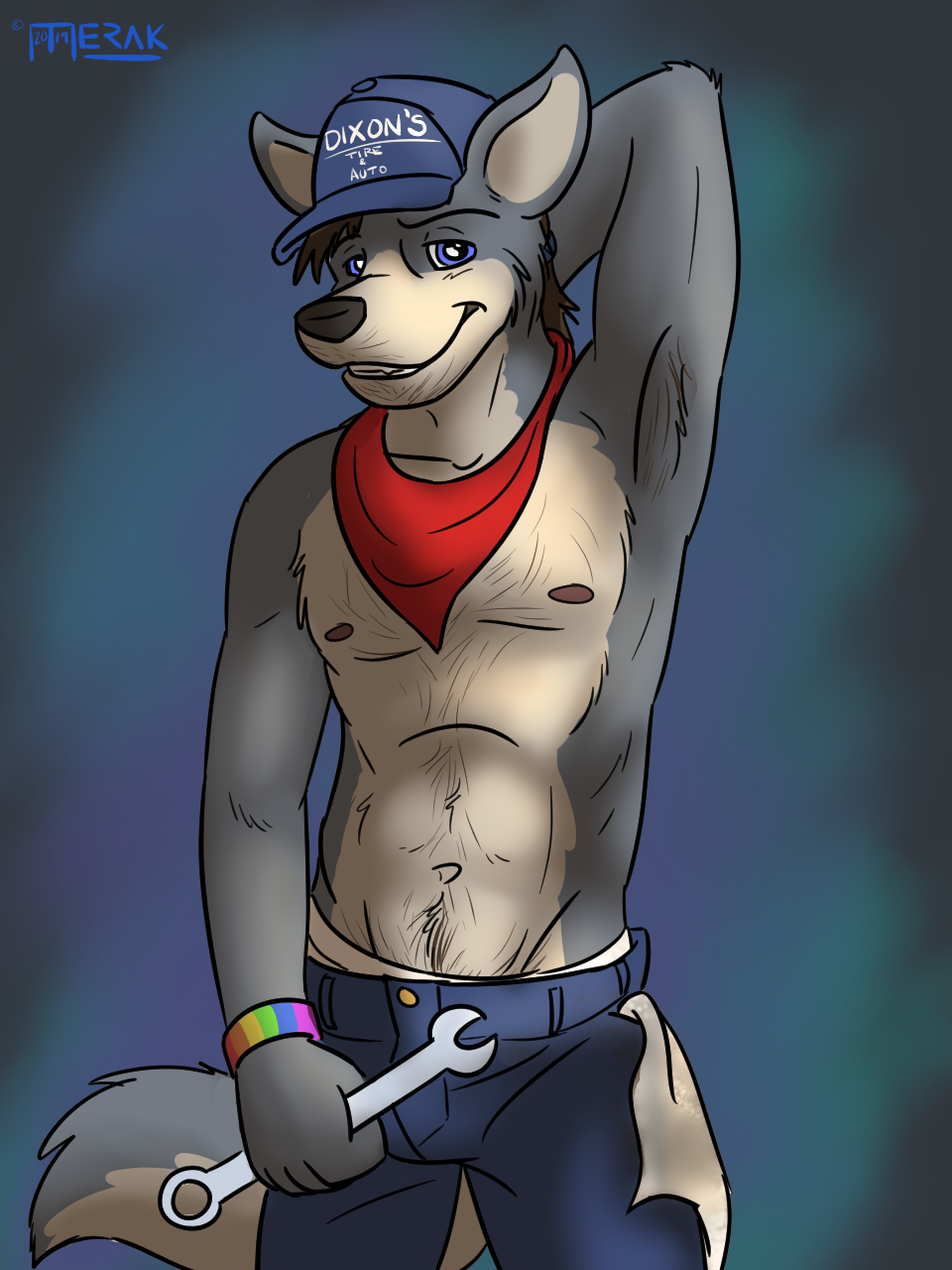 anthro bandanna baseball_cap black_hair blue_baseball_cap blue_bottomwear blue_clothing blue_eyes blue_hat blue_headwear blue_jeans blue_pants body_hair bottomwear canid canine canis chest_hair cleaning_rag clothed clothing denim denim_clothing detailed_background dix_lester english_text fur hair hat headgear headwear hi_res jeans kerchief male mammal mechanic merakburr navel nipples open_mouth pants smile solo tan_body tan_fur teeth_showing text tools topless underwear white_clothing white_underwear wolf wrench