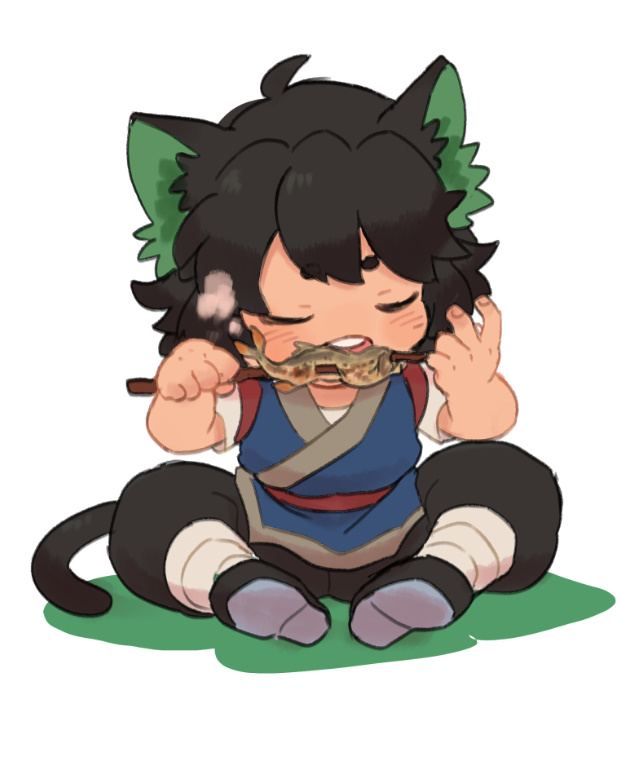 1boy black_hair blush cat_boy cat_tail chinese_clothes closed_eyes eating eichi_(wild_chicken) fish leg_wrap luo_xiaohei luo_xiaohei_zhanji male_focus open_mouth sash shoes sitting solo steam tail teeth white_background