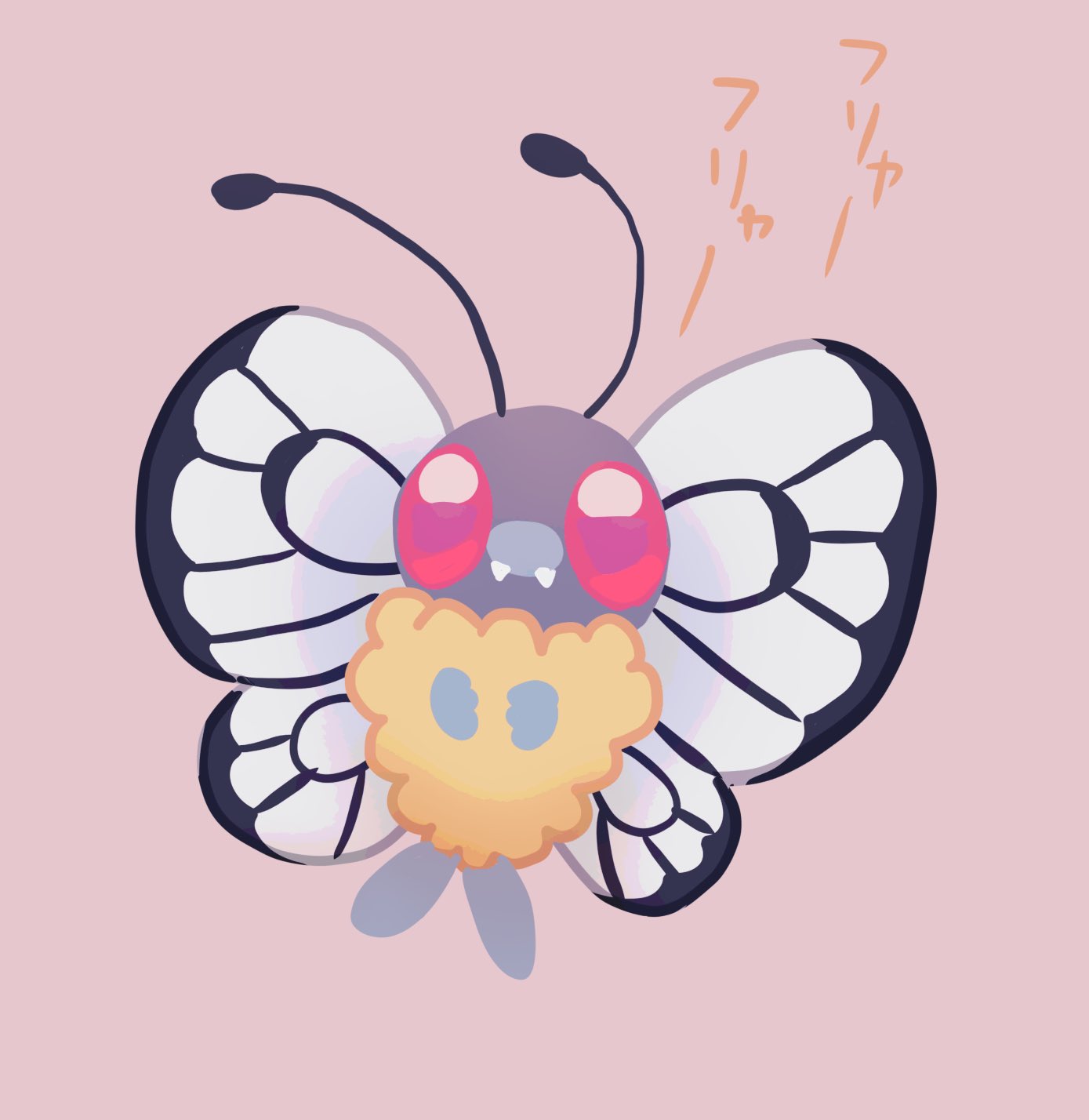 animal_focus antennae bug butterfly butterfree commentary_request fangs full_body highres looking_at_viewer no_humans pink_background pink_eyes pokemon pokemon_(creature) s_(happycolor_329) simple_background solo