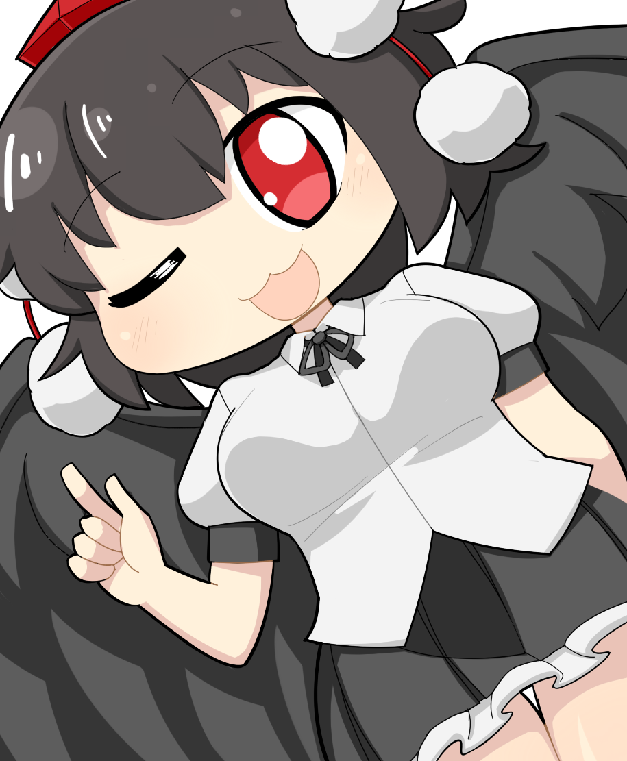 1girl bird_wings black_hair black_ribbon black_skirt black_wings blush breasts collared_shirt commentary_request cookie_(touhou) cowboy_shot dutch_angle feathered_wings frilled_skirt frills hair_between_eyes hat hospital_king index_finger_raised large_breasts long_bangs looking_at_viewer maru_(cookie) miniskirt neck_ribbon one_eye_closed open_mouth pleated_skirt pom_pom_(clothes) puffy_short_sleeves puffy_sleeves red_eyes red_headwear ribbon shameimaru_aya shirt short_hair short_sleeves simple_background skirt solo tokin_hat touhou white_background white_shirt wings