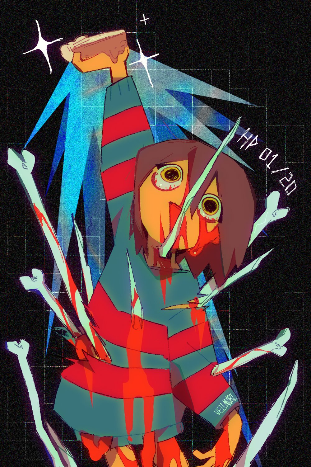 1other arm_up blood blood_on_clothes blood_on_face bloodshot_eyes blue_shorts blue_sweater bone brown_hair food frisk_(undertale) guro highres holding holding_food injury intestines long_sleeves pie shd_eod short_hair shorts solo stab striped striped_sweater sweater undertale