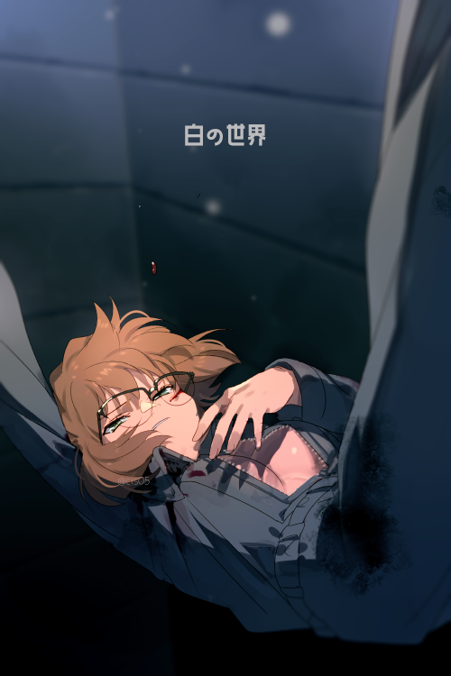 1girl arm_up bespectacled bleeding blood blood_drop blood_on_clothes blood_on_face blue_jumpsuit blurry bob_cut breasts brown_hair chimney cuts depth_of_field echo_(circa) falling glasses haibara_ai half-closed_eyes indoors injury jumpsuit long_sleeves looking_away meitantei_conan miyano_shiho outstretched_arm short_hair snowing solo unzipped