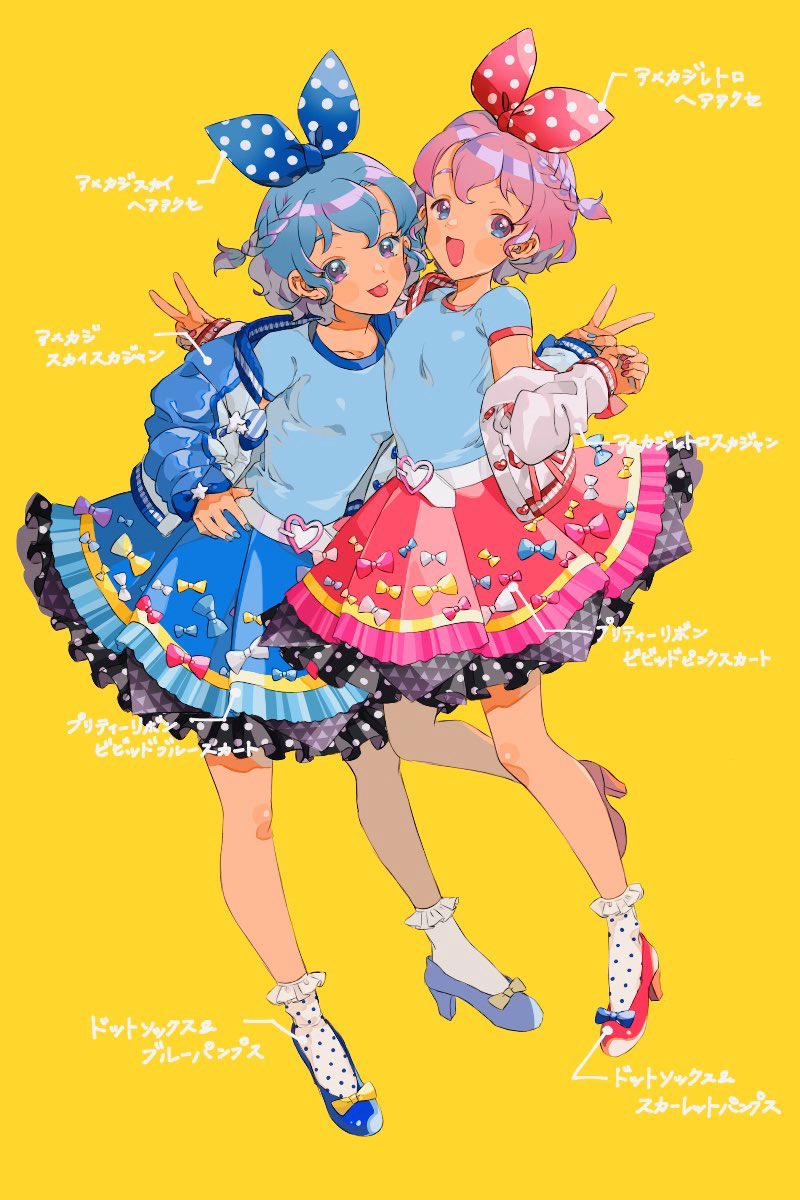 1boy 1girl :d belt blue_bow blue_eyes blue_footwear blue_hair blue_nails blue_shirt blue_skirt blush bow braid breasts brother_and_sister commentary_request crossdressing dorothy_west frilled_skirt frills full_body high_heels highres idol_clothes jacket looking_at_viewer nail_polish niku_(onikujunjuwa) off_shoulder open_mouth otoko_no_ko pink_eyes pink_hair pink_nails pink_skirt pleated_skirt polka_dot polka_dot_bow polka_dot_socks pretty_(series) pripara red_bow red_footwear reona_west shirt short_hair short_sleeves siblings side_braid skirt small_breasts smile socks standing t-shirt tongue tongue_out translation_request twins v white_belt white_socks yellow_background yellow_bow