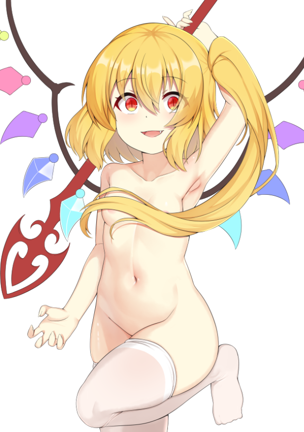 akasaka_sato arm_above_head armpits blonde_hair breasts convenient_censoring fang flandre_scarlet laevatein_(touhou) leg_up looking_at_viewer multicolored_wings navel one_side_up red_eyes side_ponytail simple_background small_breasts smile stomach thighhighs touhou white_background wings