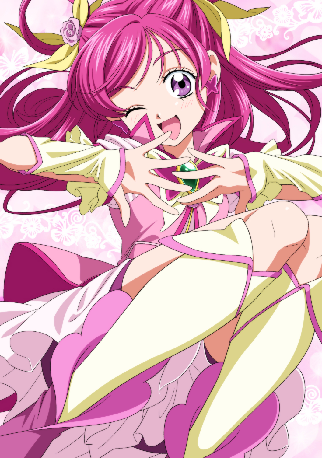 1girl :d bow brooch butterfly_earrings commentary_request cure_dream dokushibuki earrings eyelashes fingerless_gloves flower frills gloves hair_bow hair_ornament highres jewelry one_eye_closed open_mouth pink_hair precure purple_eyes rose smile solo yes!_precure_5 yes!_precure_5_gogo! yumehara_nozomi