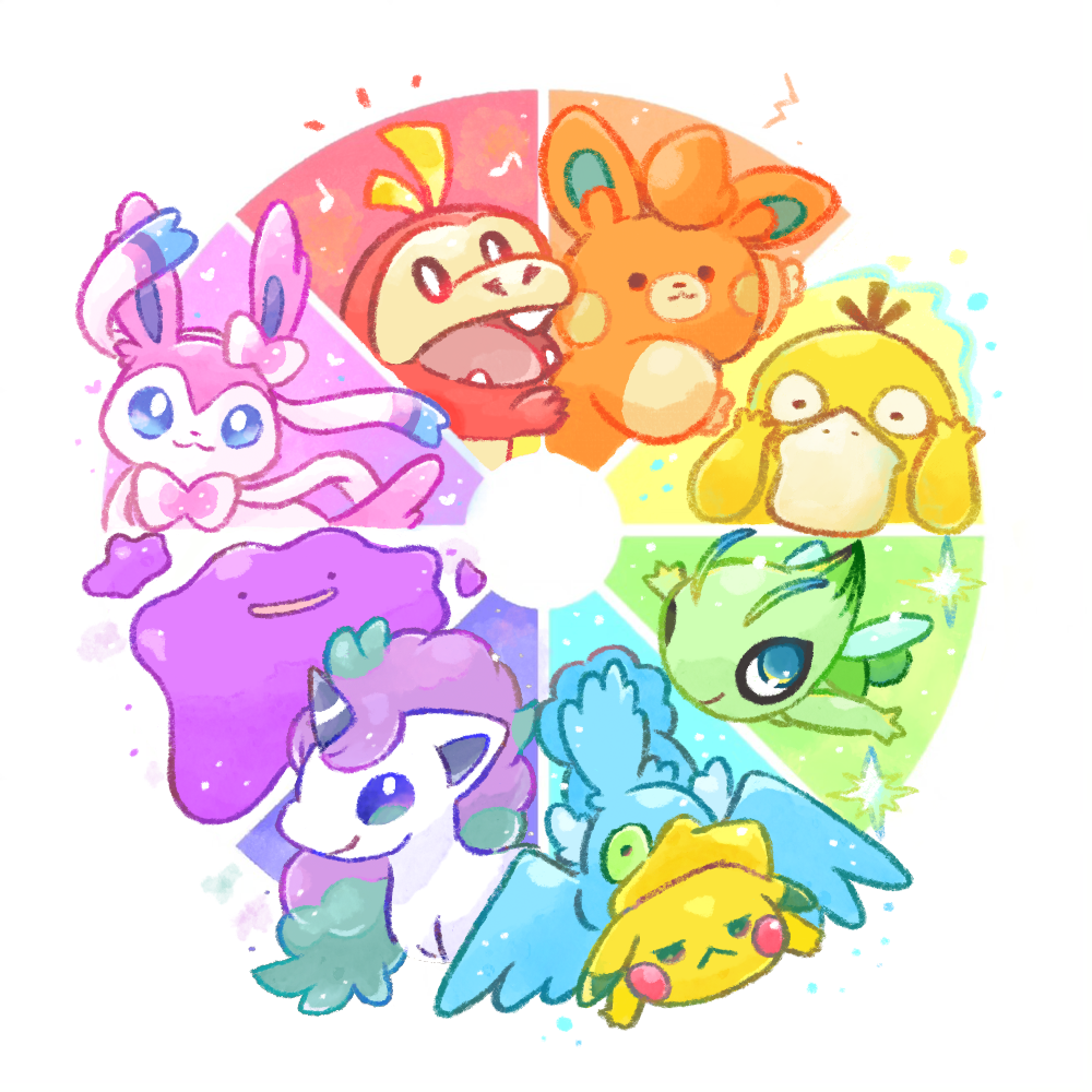 ._. 1other :&lt; :3 annoyed antennae aqua_hair bird black_eyes blue_eyes blue_sclera blush_stickers bow bowtie bright_pupils brown_eyes celebi chibi closed_mouth color_wheel_challenge colored_sclera colored_skin commentary cramorant ditto duck eating english_commentary fairy fairy_wings fangs flying fuecoco full_body galarian_ponyta green_eyes green_skin hair_bow half-closed_eyes hands_on_own_cheeks hands_on_own_face happy heart jitome kinakomochi_(monsteromochi) long_hair multicolored_hair multiple_drawing_challenge musical_note notice_lines open_mouth pawmi pikachu pink_bow pink_bowtie pokemon pokemon_(creature) psyduck purple_eyes purple_hair rainbow_gradient red_eyes ribbon round_image slime_(creature) smile sparkle sylveon two-tone_hair unicorn upper_body white_pupils white_ribbon wings