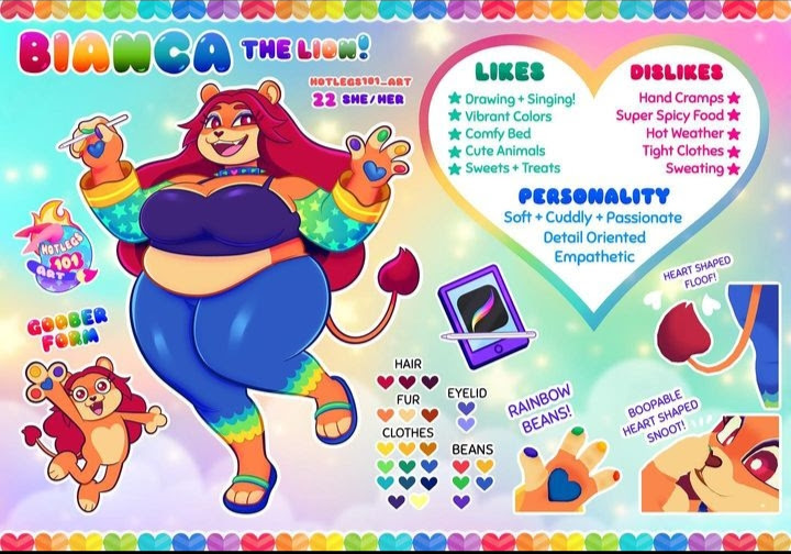 anthro belly bianca_the_lion blue_bottomwear blue_clothing blue_pants boop bottomwear chubby_female clothing felid female fur hair hotlegs101_art lion mammal model_sheet multicolored_outline multicolored_pawpads nose_boop open_mouth orange_body orange_fur outline pantherine pants pawpads rainbow_outline rainbow_pawpads red_hair solo tablet tablet_pen tail text white_belly