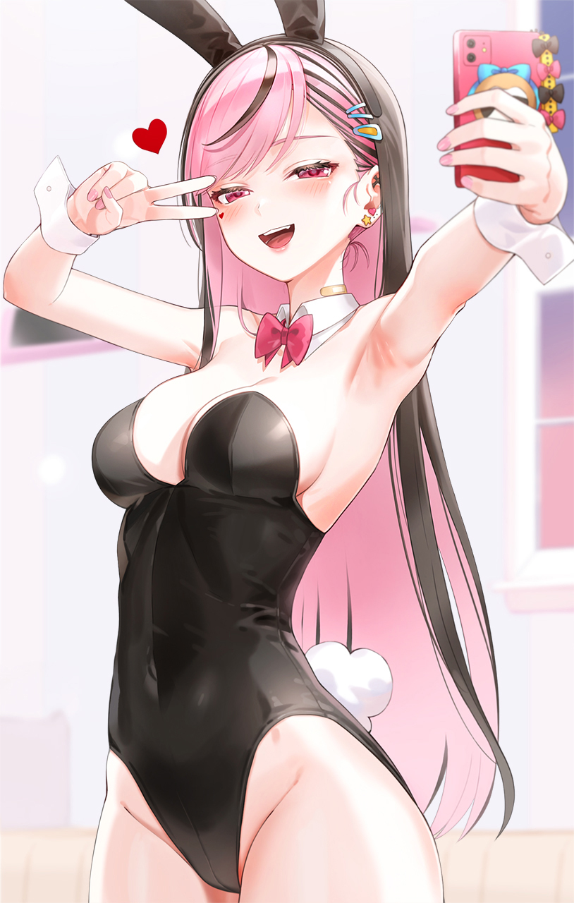 1girl animal_ears armpits arms_up bandaid bare_shoulders bikini black_hair black_hairband black_leotard blurry bow bowtie breasts cleavage covered_navel cowboy_shot depth_of_field detached_collar ear_piercing fake_tail fang groin hairband heart highleg highleg_bikini highres indie_virtual_youtuber kfr leotard long_hair looking_at_viewer medium_breasts multicolored_hair nail_polish open_mouth outstretched_arm piercing pink_hair playboy_bunny rabbit_ears rabbit_tail red_eyes skindentation smile solo standing strapless strapless_leotard streaked_hair swept_bangs swimsuit tail two-tone_hair v very_long_hair virtual_youtuber wrist_cuffs