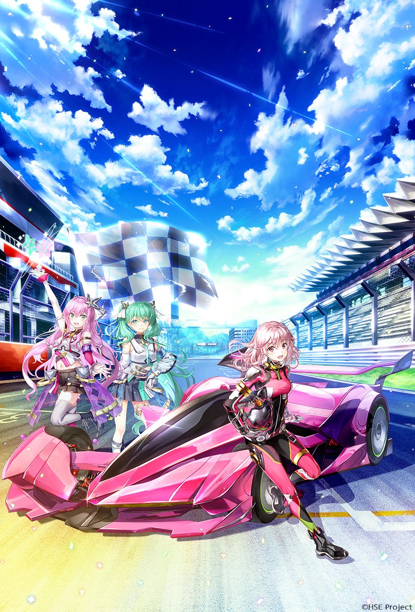 3girls :d bare_shoulders black_footwear black_skirt blue_sky bodysuit boots car checkered_flag cloud commentary_request day detached_sleeves flag fujima_takuya gloves green_eyes green_hair grey_thighhighs happy helmet highres highspeed_etoile holding holding_helmet key_visual long_hair long_sleeves looking_at_viewer motor_vehicle multiple_girls official_art outdoors pink_bodysuit pink_car pink_hair pink_headwear pleated_skirt promotional_art puffy_long_sleeves puffy_sleeves race_vehicle racecar racing_suit rindoh_rin shirt shoulder_pads skirt sky sleeveless sleeveless_shirt smile sports_car standing standing_on_one_leg thighhighs thighhighs_under_boots vehicle_focus very_long_hair white_shirt white_sleeves wide_shot