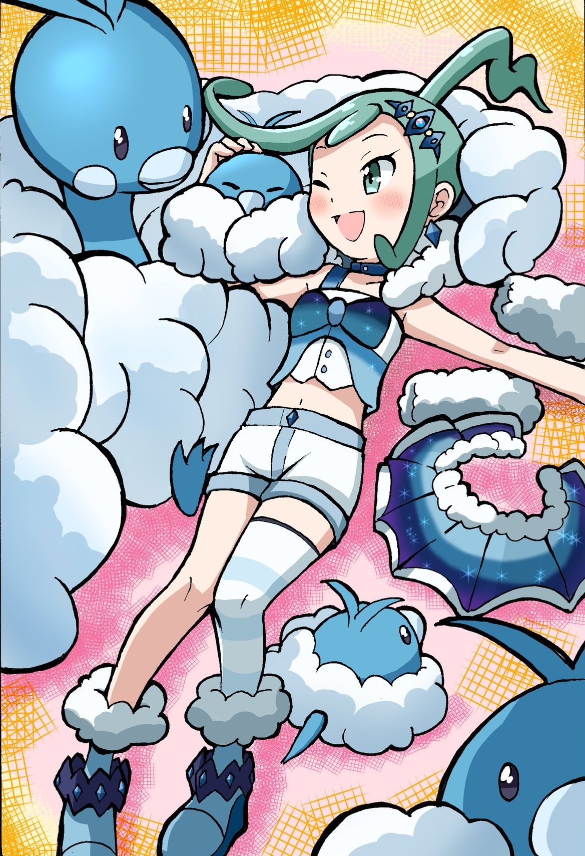 1girl ;d altaria blue_footwear blush boots buttons commentary_request earrings emapippi evolutionary_line eyelashes green_eyes green_hair highres jewelry knees lisia_(pokemon) lying on_back one_eye_closed open_mouth pokemon pokemon_(creature) pokemon_(game) pokemon_oras short_shorts shorts single_thighhigh skirt skirt_removed smile striped striped_thighhighs swablu thighhighs tongue vest white_shorts