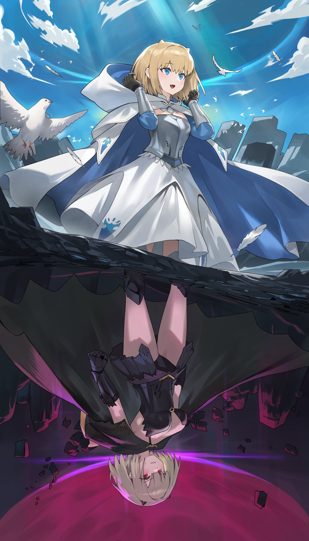 1girl armor bird black_dress black_gloves blonde_hair blue_eyes blush breastplate breasts brown_dust cleavage clenched_hand cloak day dress gauntlets gloves highres hood hood_(james_x) hooded_cloak horns medium_breasts moon open_mouth outdoors red_eyes smile white_dress white_reaper_justia