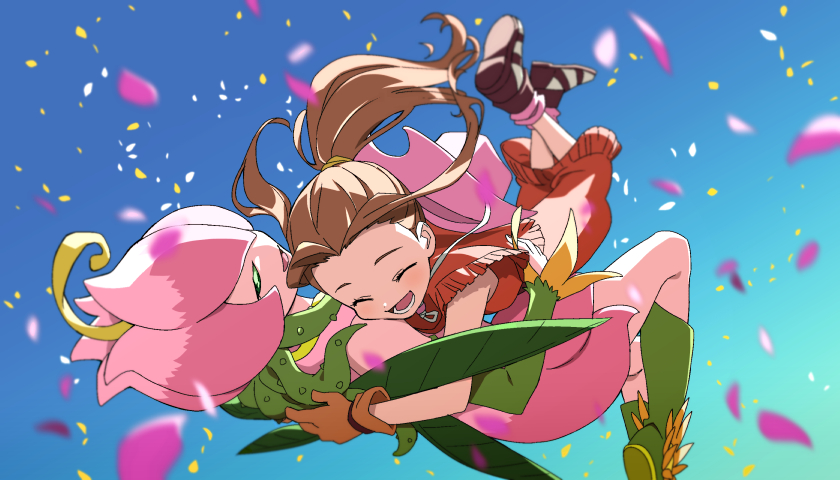 2girls blue_sky boots brown_footwear brown_gloves brown_hair closed_eyes detached_sleeves digimon digimon_(creature) dress fairy falling_petals flower gloves green_footwear green_sleeves hair_vines hug knee_boots leaf_wings lilimon long_hair monster_girl multiple_girls open_mouth outdoors petals pink_dress plant plant_girl ponytail red_dress sky tachikawa_mimi yoko.u