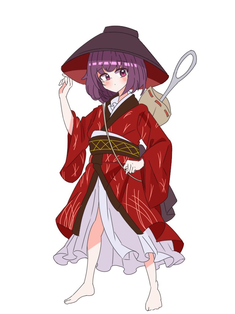 1girl barefoot black_headwear blush bowl bowl_hat closed_mouth full_body gekiyaba0512 hat japanese_clothes kimono long_sleeves needle obi purple_eyes purple_hair red_kimono sash short_hair simple_background solo sukuna_shinmyoumaru touhou white_background wide_sleeves