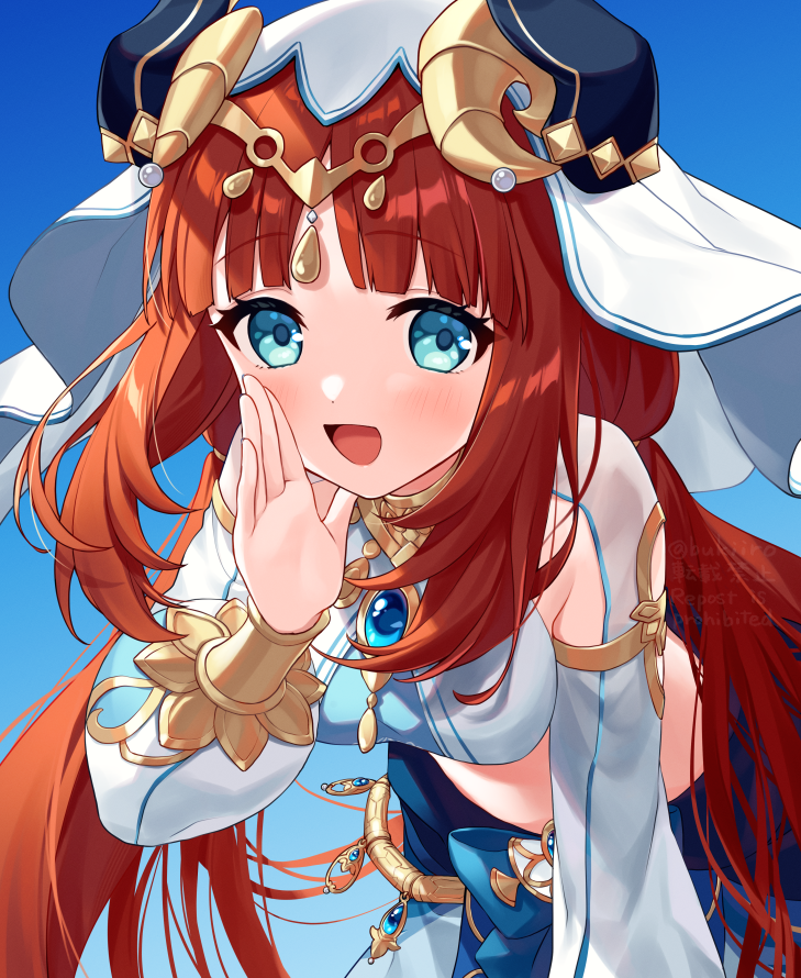 :d blue_background blue_eyes blue_skirt breasts commentary_request english_text fake_horns genshin_impact gradient_background hand_to_own_mouth hand_up horns long_hair long_sleeves low_twintails medium_breasts nilou_(genshin_impact) puffy_long_sleeves puffy_sleeves red_hair skirt smile twintails twitter_username veil very_long_hair watermark yamabukiiro