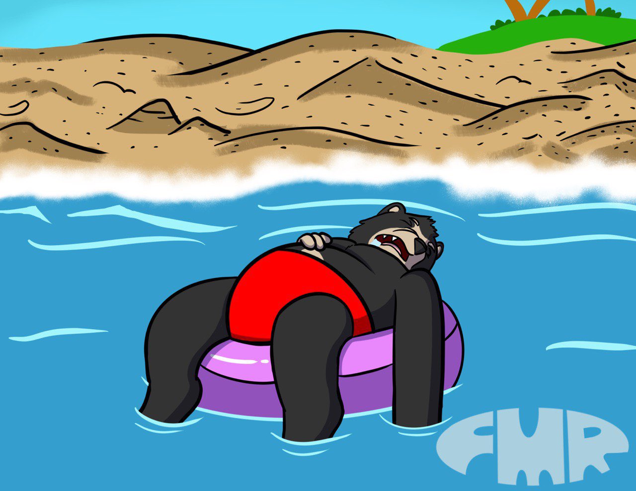 anthro barefoot bear black_bear black_body black_fur blue_sky blue_water clothed clothing eyes_closed feet foot_in_water foxmanad fur grass green_grass hand_on_chest inflatable inner_tube male mammal open_mouth outside plant red_clothing red_speedo red_swimwear sand sharp_teeth sky sleeping solo speedo speedo_only summer swimwear swimwear_only tan_body tan_fur teeth teeth_showing tongue_showing topless ursine water wave