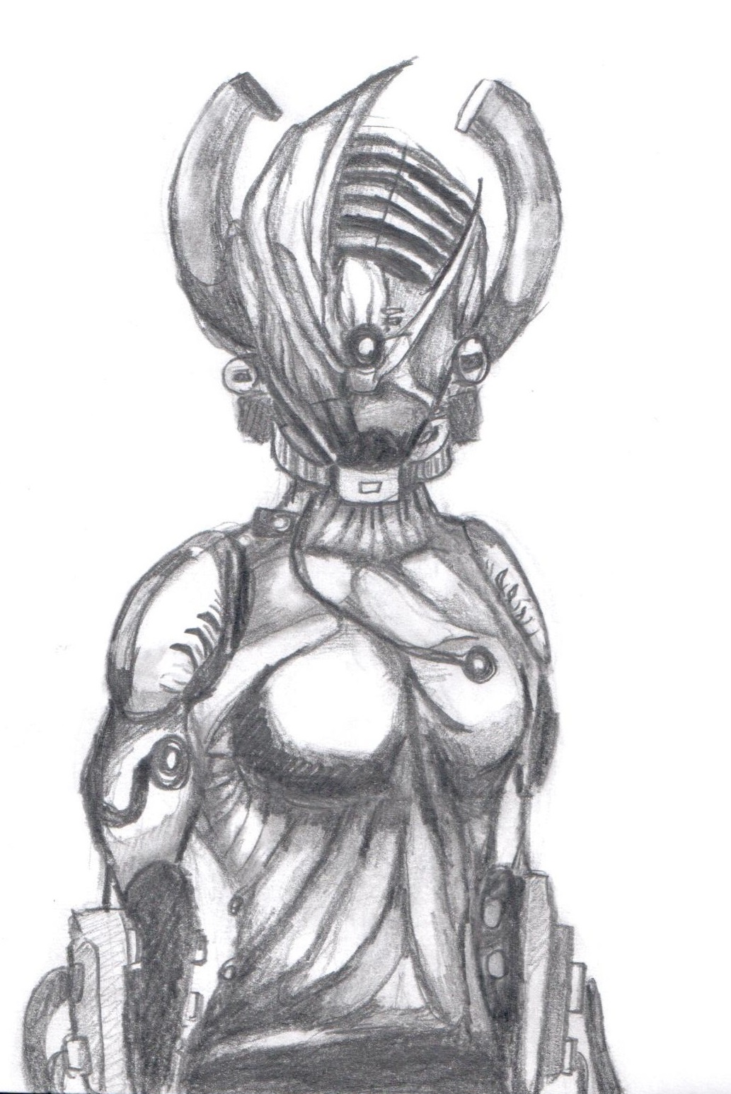 2015 alien anthro armor black_and_white breasts clothing female ferexes graphite_(artwork) hat headgear headwear hi_res horn monochrome pencil_(artwork) sketch solo traditional_media_(artwork) valkyr_(warframe)