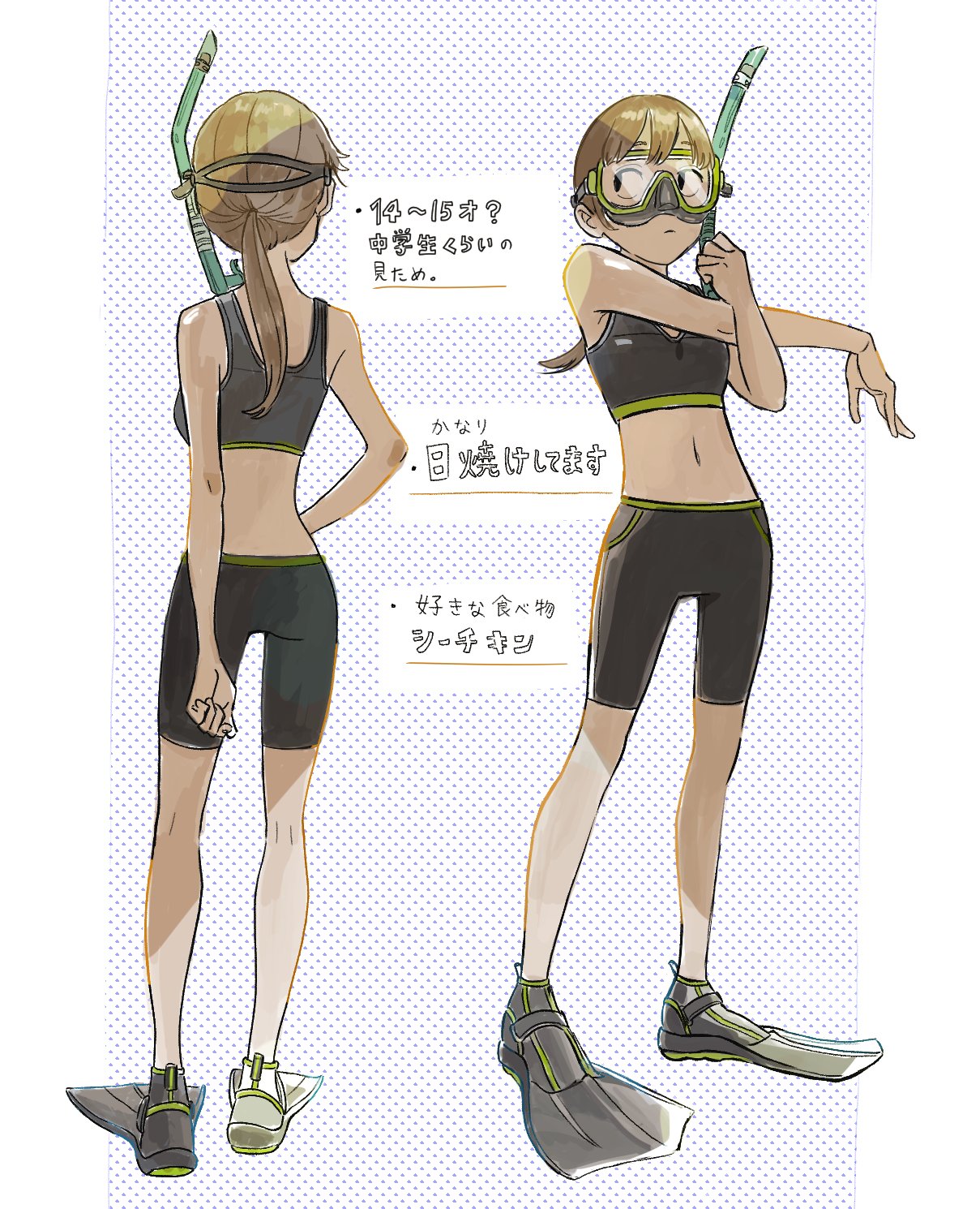 1girl black_hair blonde_hair choppy_bangs commentary diving_mask flippers full_body goggles highres low_ponytail original reference_sheet sakurada22 sidelocks simple_background snorkel standing stretching sweatdrop swimsuit translated wavy_mouth