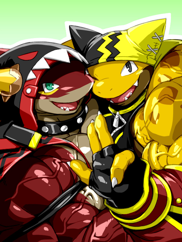 anthro armor biceps big_muscles black_clothing bracers brown_body carne_(kuroma) clothing collar deltoids duo embrace fish green_eyes grey_eyes hoodie horn hug huge_muscles hyper hyper_muscles jacket kiltio_(kuroma) kuroma lizard male male/male manly marine muscular one_eye_closed pecs red_body red_clothing reptile scalie shark smile smiling_at_viewer swimwear tan_body topwear traps yellow_body yellow_clothing zipper