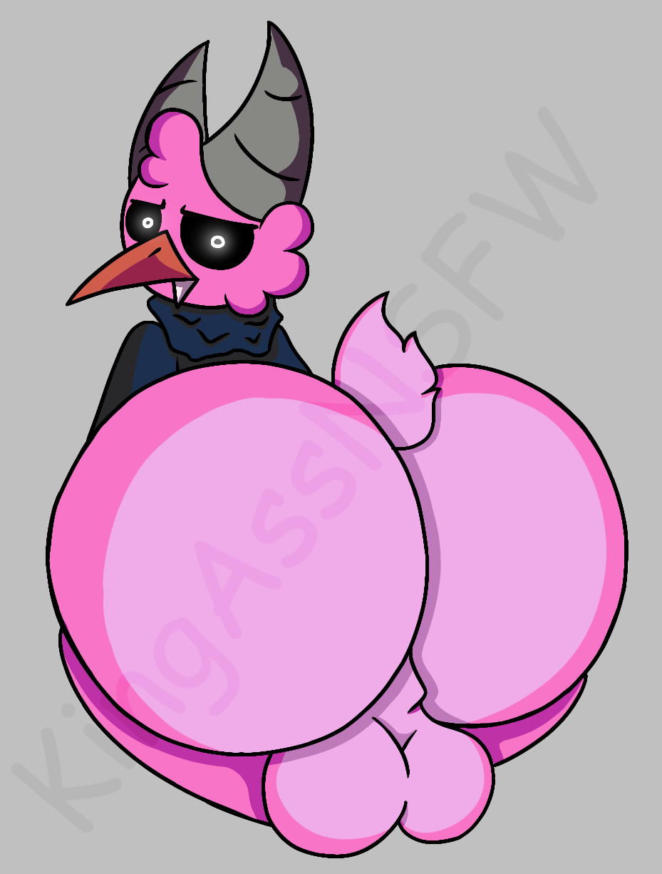 1_2_3_slaughter_me_street avian beak big_butt bird black_clothing black_hoodie black_topwear bubble_butt butt clothing demon friday_night_funkin' friday_night_funkin'_(slaughter_me_funkin') fur grey_background head_floof head_tuft hi_res hoodie horn huge_butt kingassnsfw looking_back male multicolored_body multicolored_butt multicolored_fur pink_body pink_fur shaded simple_background solo tail the_greeter topwear tuft two_tone_balls two_tone_body two_tone_butt two_tone_fur watermark