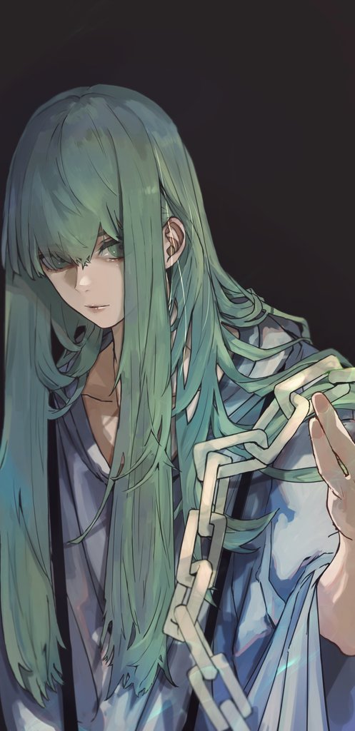 1other androgynous black_background chain collarbone enkidu_(fate) fate/grand_order fate_(series) green_eyes green_hair hair_between_eyes kdm_(ke_dama) light_green_hair long_hair looking_at_viewer other_focus robe simple_background solo toga upper_body very_long_hair white_robe