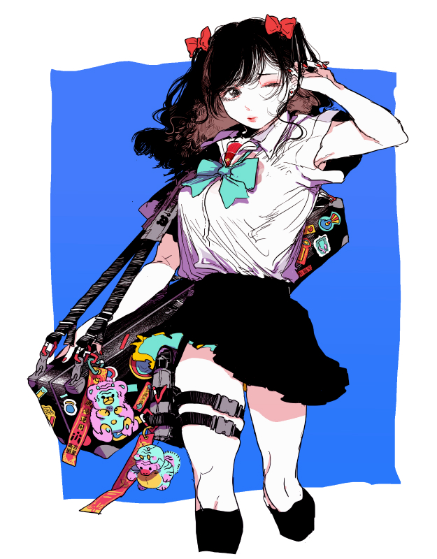 1girl black_eyes black_hair blue_background bobbbob bow bowtie collared_shirt dress_shirt earrings hair_bow hand_up holster jewelry keychain kneehighs long_hair looking_to_the_side nail_polish one_eye_closed original pleated_skirt red_nails school_uniform shirt short_sleeves skirt snap-fit_buckle socks solo sticker stuffed_animal stuffed_toy thigh_holster thigh_strap two_side_up undershirt walking wavy_hair weapon_case wince