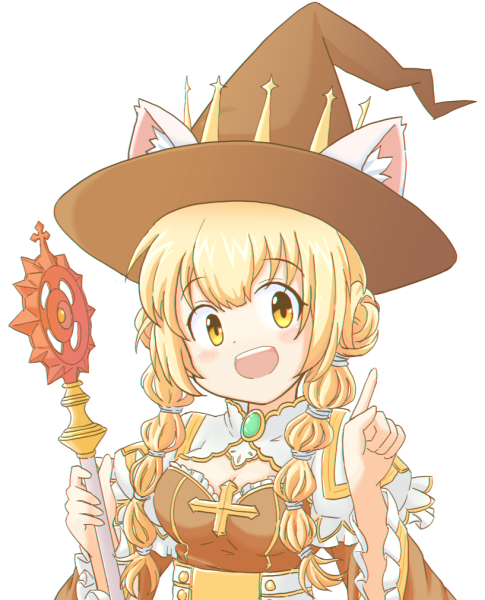 1girl animal_ear_headwear animal_ears arch_bishop_(ragnarok_online) blonde_hair blush breasts brown_dress brown_headwear cat_ears cleavage cleavage_cutout clothing_cutout commentary_request crosier cross crown double_bun dress fake_animal_ears frilled_dress frilled_sleeves frills hair_bun hat holding holding_staff index_finger_raised juliet_sleeves long_hair long_sleeves looking_at_viewer medium_bangs medium_breasts multi-tied_hair oekakomi official_alternate_costume open_mouth puffy_sleeves ragnarok_online sidelocks simple_background smile solo staff teeth two-tone_dress upper_body upper_teeth_only white_background white_dress witch_hat yellow_eyes