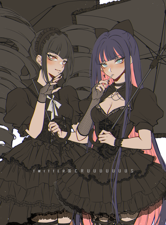 2girls alternate_costume artist_name black_bow black_dress black_hair black_nails blunt_bangs bow breasts celestia_ludenberg cleavage colored_inner_hair cowboy_shot criis-chan danganronpa:_trigger_happy_havoc danganronpa_(series) dress drill_hair fingerless_gloves fishnet_gloves fishnets frilled_umbrella frills gloves gothic_lolita hair_bow headdress holding holding_umbrella large_breasts layered_dress lolita_fashion long_hair multicolored_hair multiple_girls nail_polish neck_ribbon necktie panty_&amp;_stocking_with_garterbelt pink_hair puffy_short_sleeves puffy_sleeves purple_hair red_eyes ribbon short_sleeves single_glove smile stocking_(psg) twin_drills twintails umbrella white_ribbon wrist_cuffs