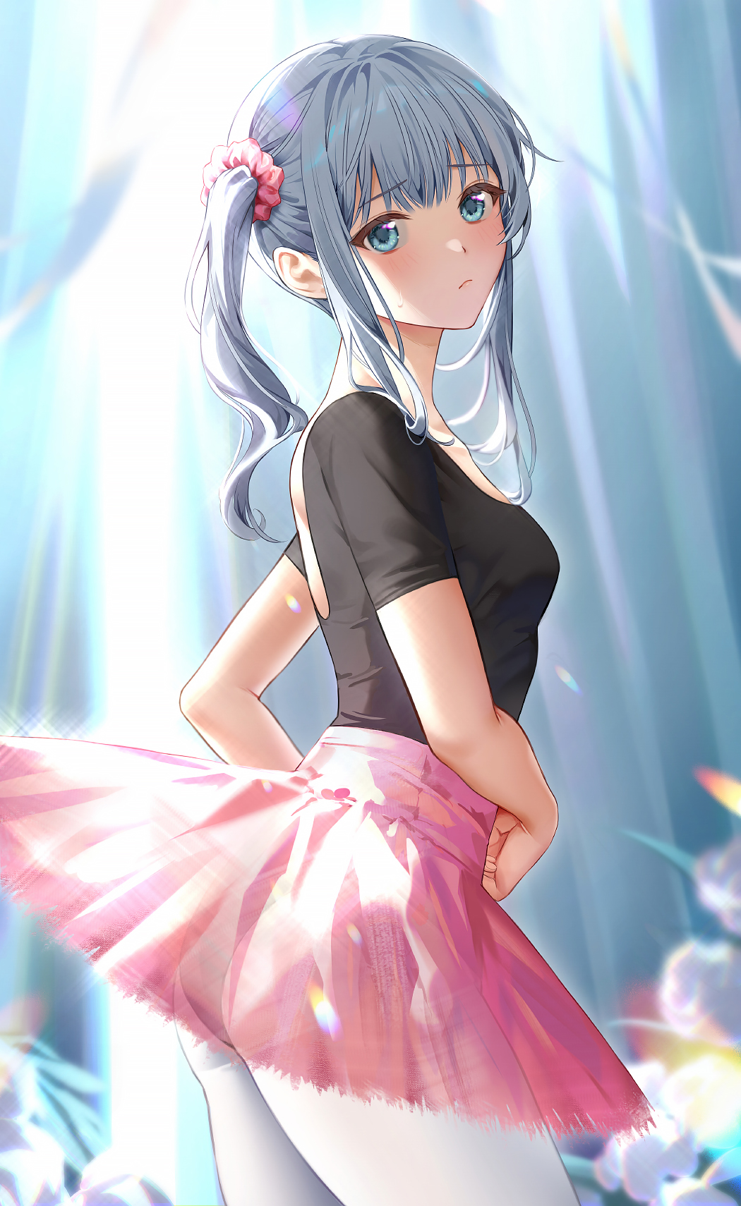 1girl ballerina black_leotard blue_eyes blue_hair blush breasts collarbone commentary cowboy_shot dancing dotz facing_to_the_side frown hair_ornament hair_scrunchie highres leotard light_blue_hair light_particles light_rays looking_at_viewer original pantyhose scrunchie side_ponytail small_breasts solo tutu white_pantyhose