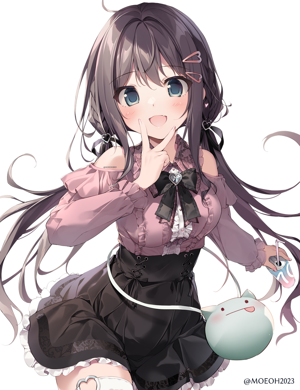 1girl :d ahoge alpha_transparency bare_shoulders black_bow black_bowtie black_skirt blue_eyes blush bow bowtie braid breasts brooch brown_hair can center_frills cowboy_shot dengeki_moeou dot_nose drink drinking_straw fang floating_hair frilled_shirt frilled_skirt frills green_eyes hair_between_eyes hair_ornament hairclip hand_up heart heart_brooch heart_hair_ornament high-waist_skirt highres holding holding_can holding_drink imouto_(karory) jewelry jirai_kei karory long_bangs long_hair long_sleeves looking_at_viewer low_twintails medium_breasts o-ring o-ring_thigh_strap off-shoulder_shirt off_shoulder open_mouth original pink_shirt raised_eyebrows shirt shirt_tucked_in sidelocks simple_background skin_fang skirt smile soda_can solo standing straight-on thigh_strap twintails v v_over_mouth very_long_hair white_background