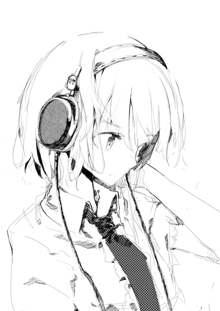 1girl alice_margatroid alternate_costume arm_behind_head arm_up bangs blush closed_mouth collared_shirt contemporary from_side greyscale hair_between_eyes halftone hatching_(texture) headphones hifiman light_frown linear_hatching looking_away mieharu monochrome necktie nose_blush product_placement shirt short_hair short_sleeves simple_background sketch solo split_mouth touhou upper_body white_background wing_collar