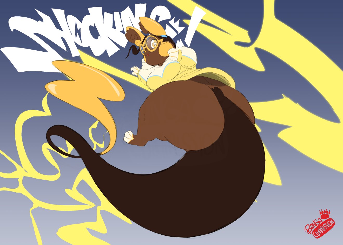 alolan_form alolan_raichu anthro bangabear big_butt big_tail biped blue_background bottomless breasts brown_body brown_hair butt cheek_spots clothed clothing deecie_(character) electricity english_text eyewear falling fan_character female flying_peach glasses gloves_(marking) gradient_background hair hoodie huge_butt huge_hips inner_ear_fluff lightning long_tail markings nintendo pokemon pokemon_(species) pokemorph prehensile_tail regional_form_(pokemon) round_glasses shiny_pokemon short_hair short_stack signature simple_background solo star_eyes tail text thick_thighs tongue tongue_out topwear tuft wide_hips yellow_clothing yellow_eyes yellow_hoodie yellow_nose yellow_topwear