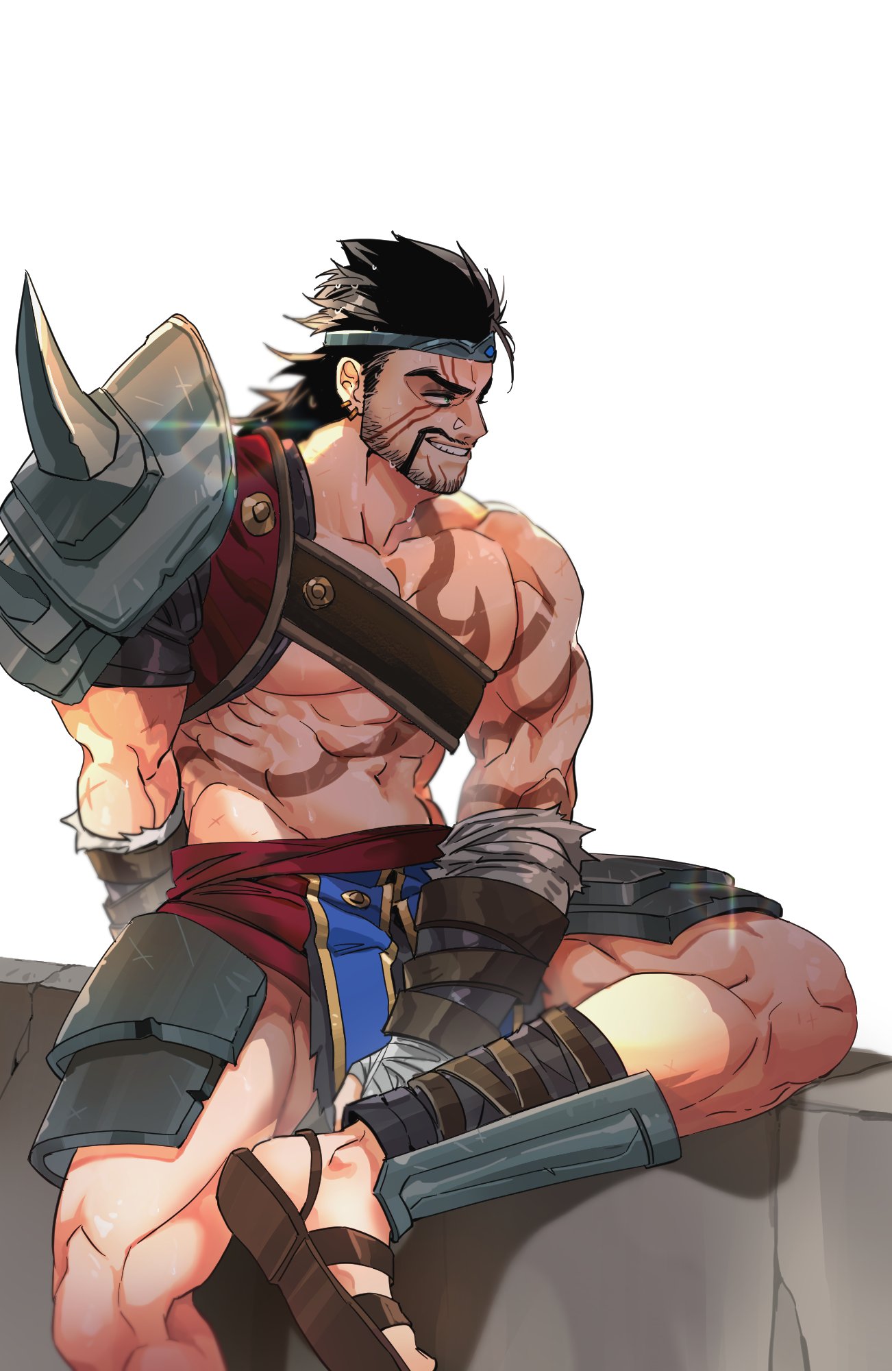 1boy armor beard black_hair draven earrings facial_hair grin highres jewelry league_of_legends mag_cora_imparo male_focus medium_hair muscular muscular_male mustache navel single_bare_shoulder single_shoulder_pad sitting smile solo stubble sweat teeth