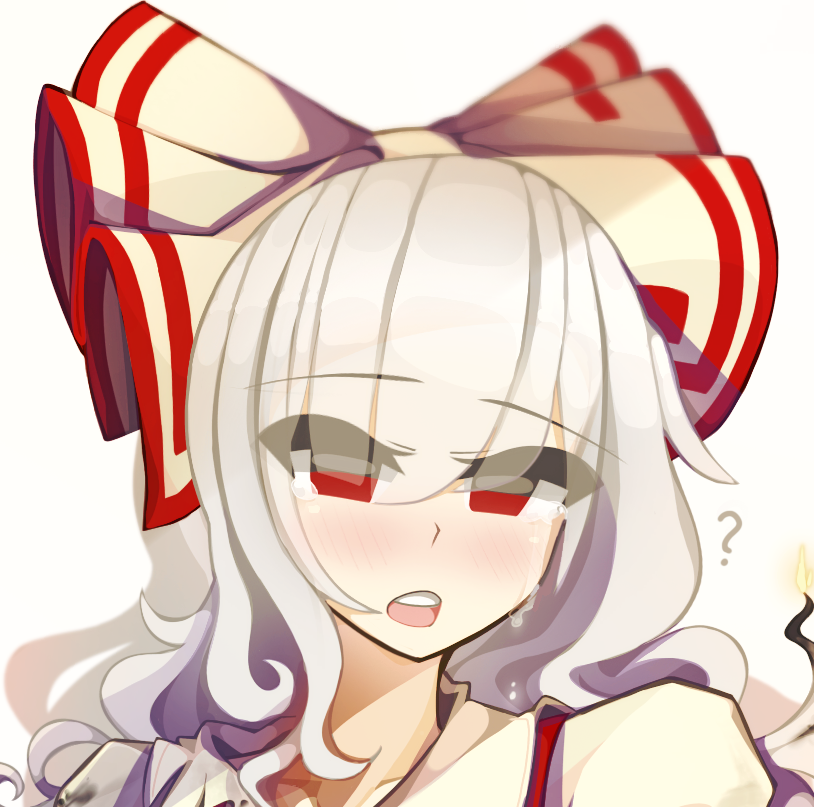 1girl ? blush bow burnt_clothes burnt_hair close_up commentary crying fire fujiwara_no_mokou hair_bow kaliningradg long_hair open_mouth red_eyes shirt solo streaming_tears tears teeth touhou upper_teeth_only white_hair white_shirt