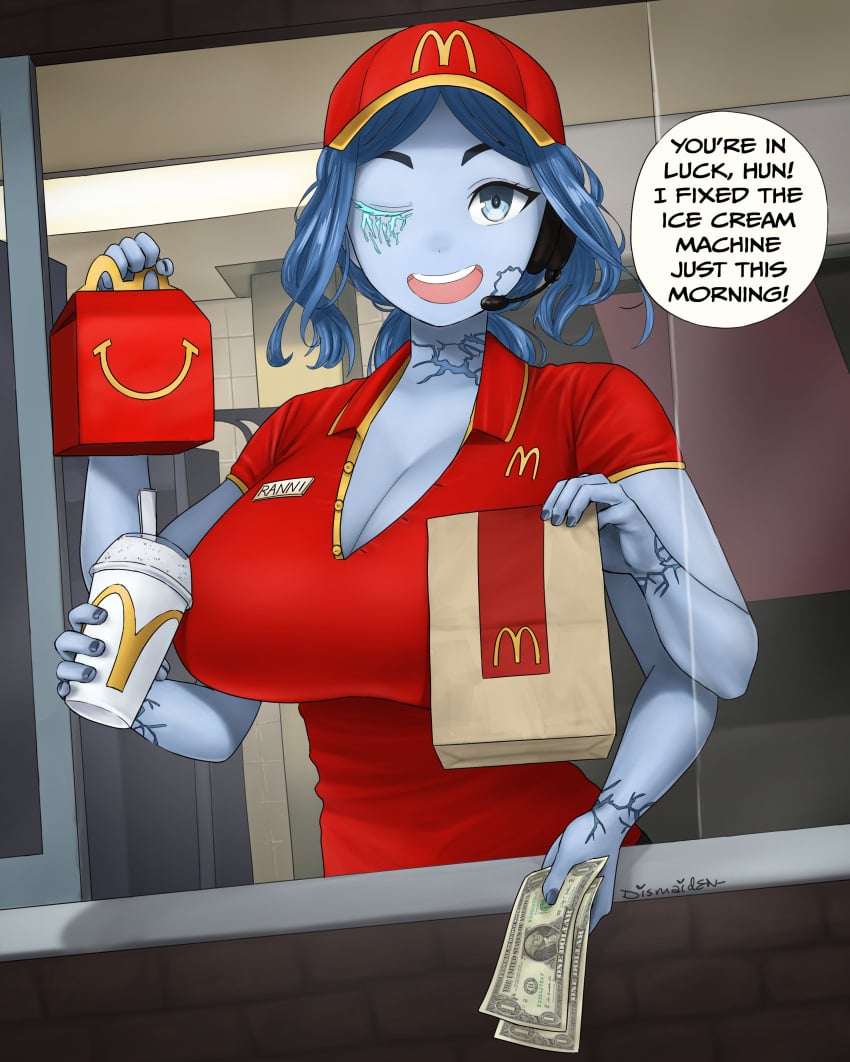 1girl blue_eyes blue_hair blue_skin breasts cleavage colored_skin dismaiden drive-thru elden_ring employee_uniform english_text extra_arms fast_food fast_food_uniform food happy_meal headset huge_breasts ice_cream large_breasts looking_at_viewer mcdonald's microphone open_mouth polo_shirt ranni_the_witch red_shirt shirt short_sleeves solo source_request unbuttoned unbuttoned_shirt uniform