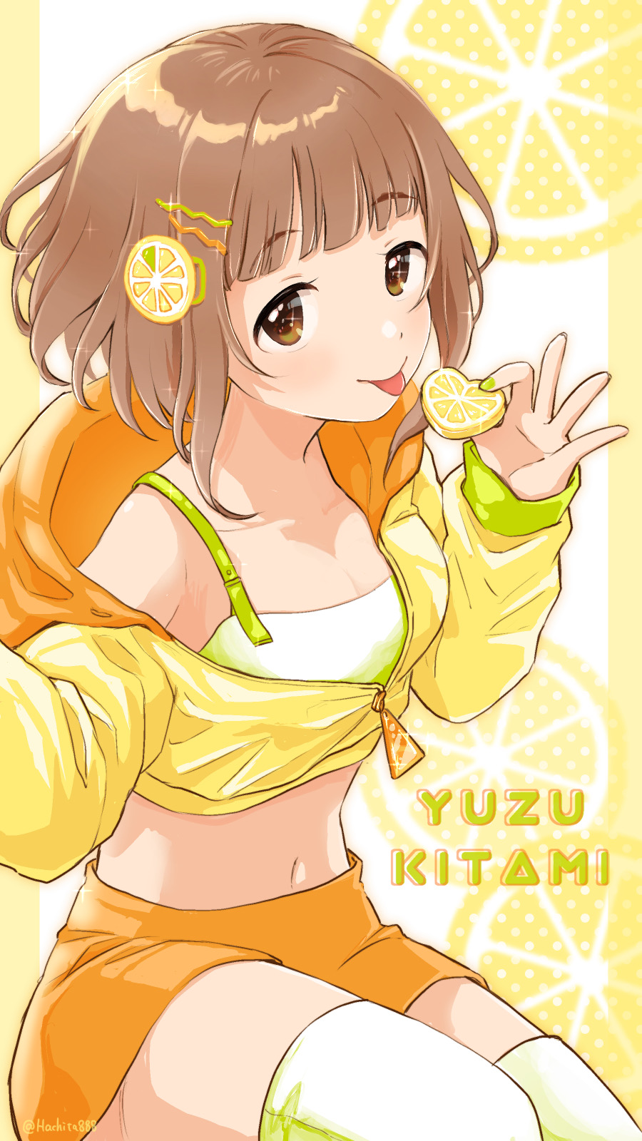 1girl blunt_bangs blush breasts brown_eyes brown_hair character_name cleavage collarbone crop_top cropped_hoodie cropped_shirt dot_nose food food-themed_hair_ornament from_side fruit fruit_background green_nails hair_ornament hairclip highres holding holding_food holding_fruit hood hood_down hoodie idolmaster idolmaster_cinderella_girls idolmaster_cinderella_girls_starlight_stage kitami_yuzu lemon lemon_hair_ornament lemon_slice long_sleeves looking_at_viewer medium_breasts midriff miniskirt mitsuyahachiko navel orange_skirt polka_dot polka_dot_background shirt short_hair single_off_shoulder sitting skirt smile solo thighhighs tongue tongue_out twitter_username two-tone_hoodie white_shirt white_thighhighs yellow_background zettai_ryouiki