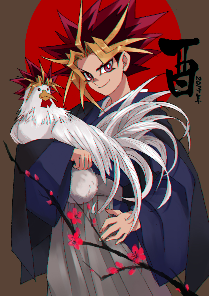 1boy 2017 animal bird branch bright_pupils brown_background chicken commentary da_huang dated_commentary fingernails flower hakama highres holding holding_animal holding_bird japanese_clothes kanji male_focus multicolored_hair new_year plum_blossoms purple_eyes red_sun smile solo spiked_hair white_pupils yami_yuugi yu-gi-oh!