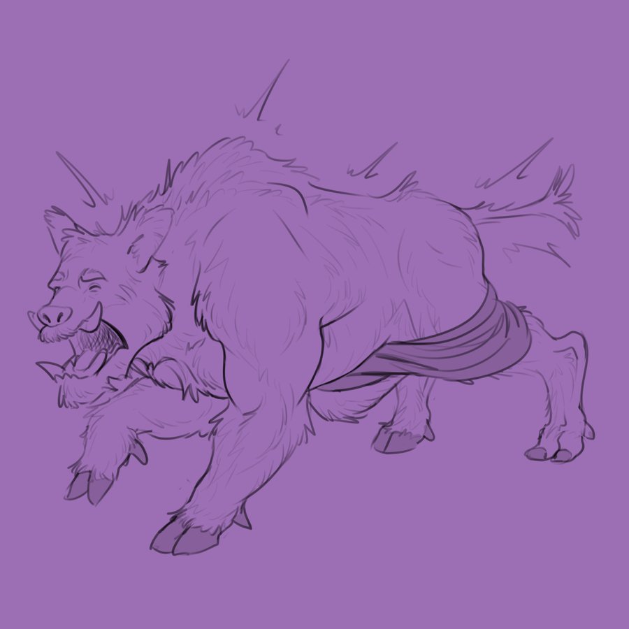 all_fours awarebear eyes_closed feral fur hooves male mammal mid_transformation mostly_nude motion_lines purple_background shaking sharp_teeth simple_background snout solo suid suina tail teeth transformation trembling were wereboar weresuid weresuina