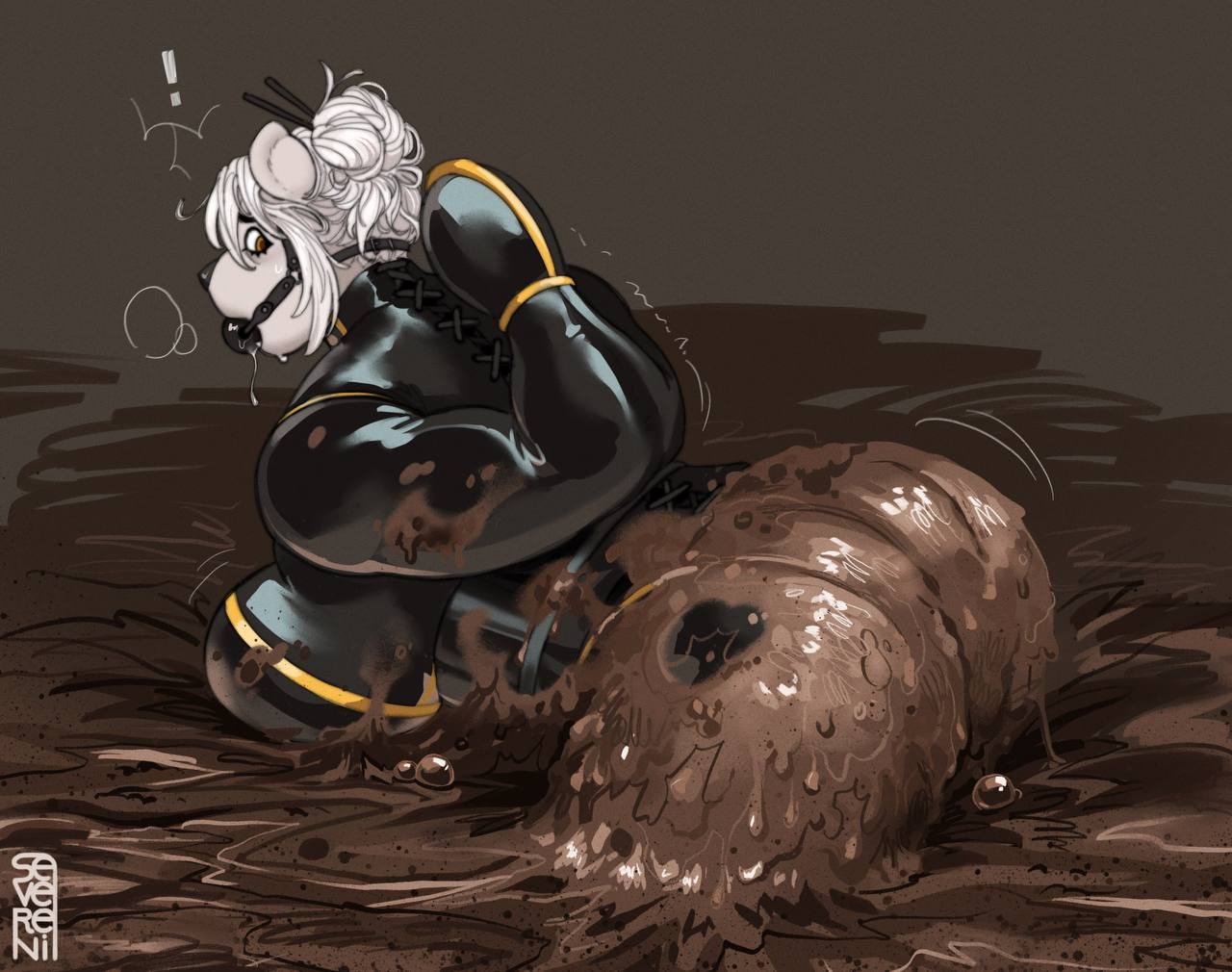 anthro ball_gag bdsm bear big_breasts bondage bound breasts butt clothed clothing female gag hair mammal messy mud peril quicksand rubber rubber_clothing rubber_suit severeni simple_background sinking slightly_chubby solo stuck thick_thighs