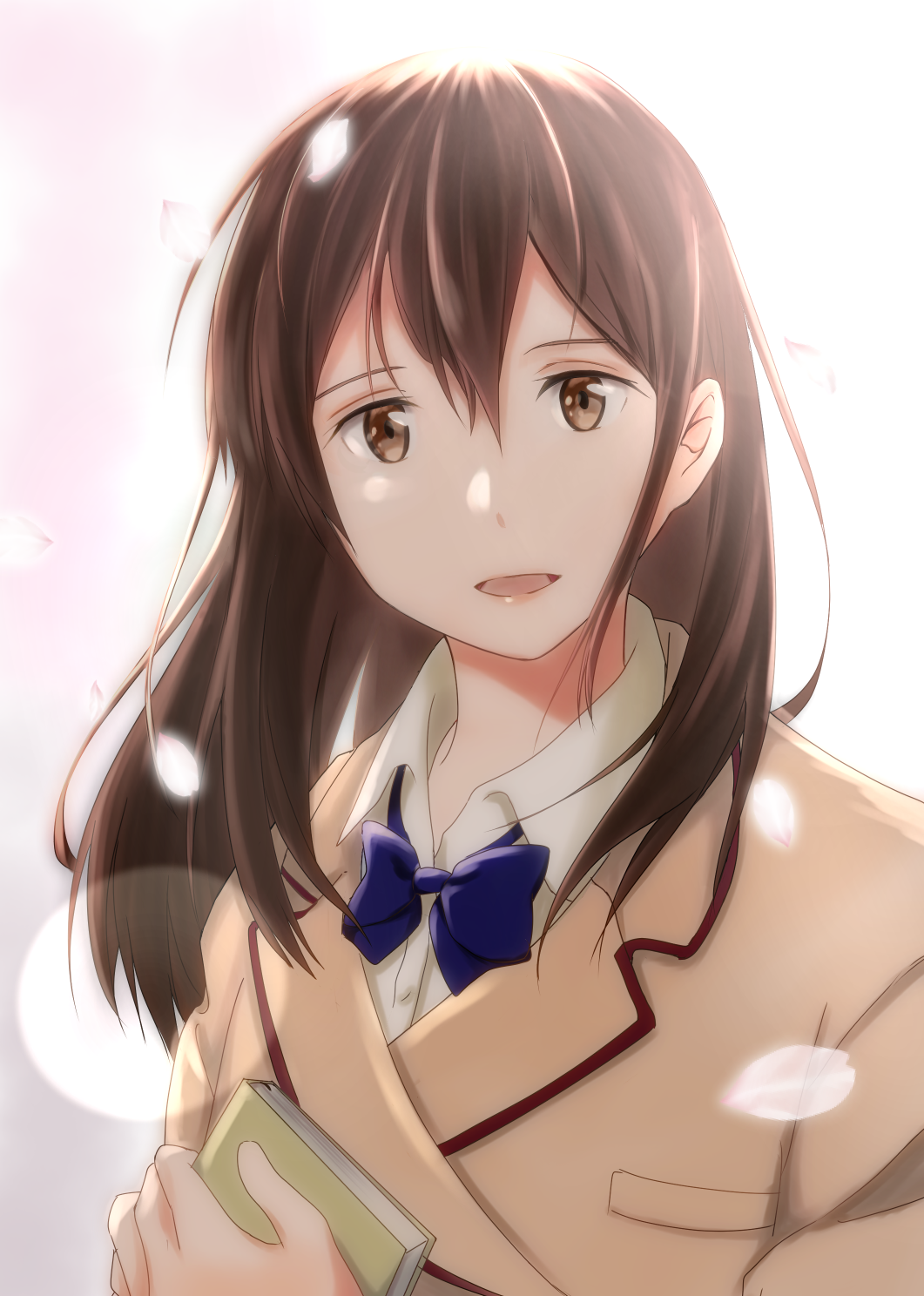 1girl :d blue_bow blue_bowtie bow bowtie brown_eyes brown_hair brown_jacket cherry_blossoms collared_shirt highres holding holding_notebook jacket kimi_no_suizou_wo_tabetai long_hair long_sleeves looking_at_viewer notebook open_mouth petals school_uniform shirt smile solo take20131004 upper_body white_shirt yamauchi_sakura